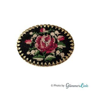 Vintage Floral Red Roses Petit Point Embroidered Oval Gold Tone Brooch Pin